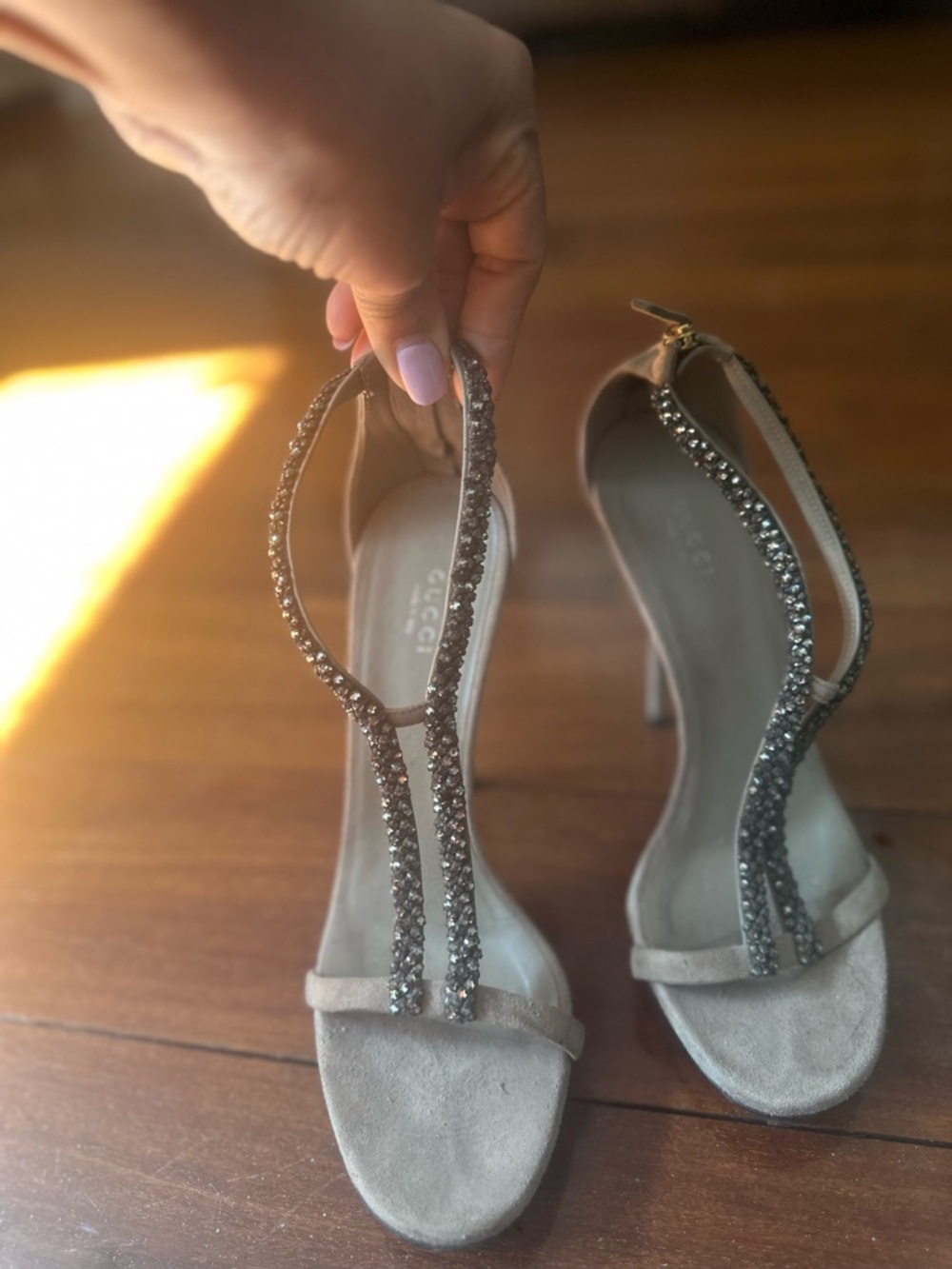 Gucci Crystal-Embellished Taupe Suede T-Strap Heels